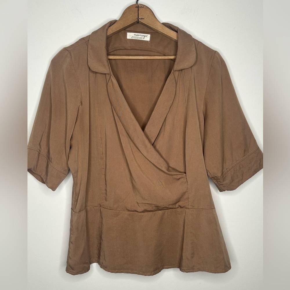 Meemoza Tencel Wrap Blouse Zip Side V Neck Size 10 Tan Canada